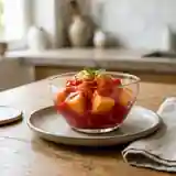 Dés de melon frais nappés d’un coulis de fraises maison