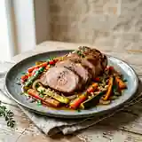 Échine de porc fondante aux légumes de saison sautés
