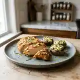 Escalopes panées aux amandes, parmesan et estragon accompagnées de champignons farcis savoureux