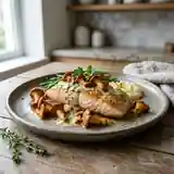 Esturgeon rôti aux girolles et sauce crémeuse aux herbes