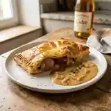 Feuilleté d'andouille savoureux accompagné d'une sauce au cidre