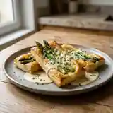Feuilletés croustillants aux asperges vertes et sauce onctueuse au Roquefort
