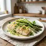 Filet de cabillaud aux asperges vertes, sauce citronnée légère