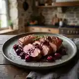 Filet de canard rôti aux griottes fraîches et sauce au vin rouge