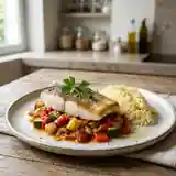 Filet de Merlu en Compotée de Légumes du Soleil et Semoule Parfumée