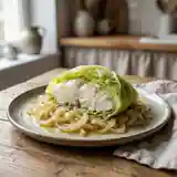 Filet de poisson blanc en feuilles de chou sur lit d'oignons fondants