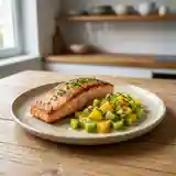Filet de saumon grillé accompagné d'un duo frais kiwi-orange