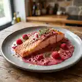 Filet de truite saumonée aux framboises et baies roses, sauce délicate