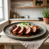 Filet mignon de porc caramélisé au miel et gingembre frais