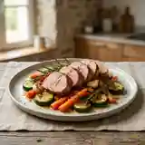 Filet mignon de porc fondant aux herbes et légumes de saison