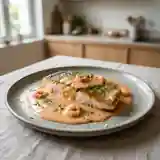 Filets de bar délicats au coulis onctueux de crevettes roses