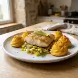 Filets de lotte aux poireaux fondants et pommes duchesse dorées
