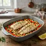 Filets de poisson au four accompagnés de petits légumes colorés