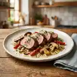 Filets de veau aux cèpes, tomates confites et crème onctueuse