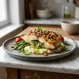 Flétan rôti farci au pistou et amandes grillées : recette gourmande et facile