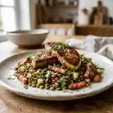 Foie Gras Poêlé aux Lentilles, Pommes, Poitrine Fumée et Coriandre Fraîche