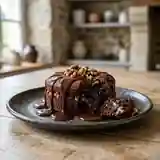 Fondant aux noix gourmand avec coulis de chocolat intense