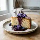 Gâteau moelleux au yaourt sur coulis frais de bleuets et violettes