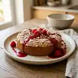 Gâteau moelleux aux amandes avec coulis de framboises maison