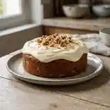 Gâteau moelleux aux noix nappé d'une crème vanillée onctueuse