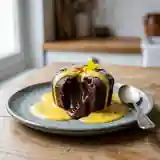 Gâteau tiède au chocolat fondant avec sauce au safran