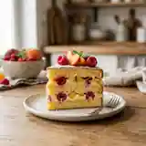 Génoise moelleuse aux framboises, pêches fraîches et crème pâtissière onctueuse