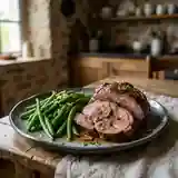 Gigot d'agneau piqué à l'ail et haricots verts
