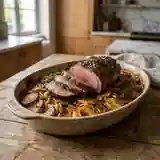 Gigot d'agneau rôti aux pommes de terre boulangères fondantes