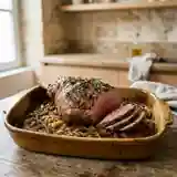 Gigot d'Agneau Rôti sur Lit d'Oignons Fondants