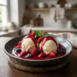 Glace onctueuse au mascarpone sur coulis de fruits rouges maison