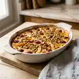 Gratin gourmand de pêches et framboises à la pistache