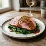 Jambon en tranches sur lit d'épinards frais, sauce Madère onctueuse