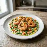 Langoustines fraîches en sauce aux petits légumes colorés