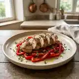 Lapin tendre aux poivrons rouges rôtis sur lit savoureux