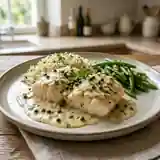 Lotte au four à la sauce crémeuse au poivre vert