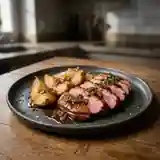 Magret de canard aux poires caramélisées et sauce poivrade