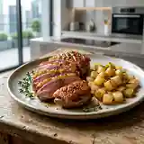Magret de canard caramélisé au miel et citron, fondue de navets fondante