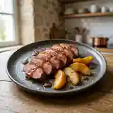 Magret de canard caramélisé au miel et sauce soja, pommes fondantes