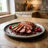 Magret de canard caramélisé au miel et vinaigre de framboise