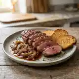 Magret de canard rôti au pain d'épices avec fondue d'oignons caramélisés
