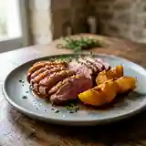 Magret de canard rôti aux coings caramélisés, sauce au miel et épices