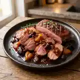 Magret de canard rôti aux fruits secs et sauce au vin rouge
