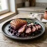 Magret de canard rôti aux myrtilles fraîches et sauce gourmande