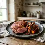 Magret de canard rôti aux patates douces et sauce cacao intense