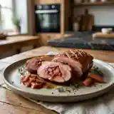 Magret rôti farci à la rhubarbe acidulée