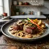 Médaillons de cerf flambés au cognac, sauce aux champignons