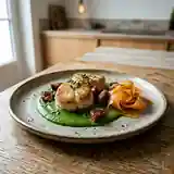 Médaillons de lotte en cochonaille sur lit de crème d'oseille et carpaccio de carottes frais