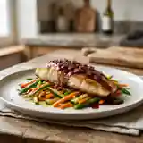 Merlan poêlé à la sauce au porto et légumes croquants