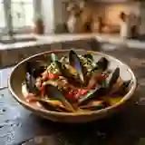 Moules à la provençale, ail et poivrons tendres