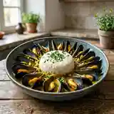 Moules au curry en rosace accompagnées de riz parfumé